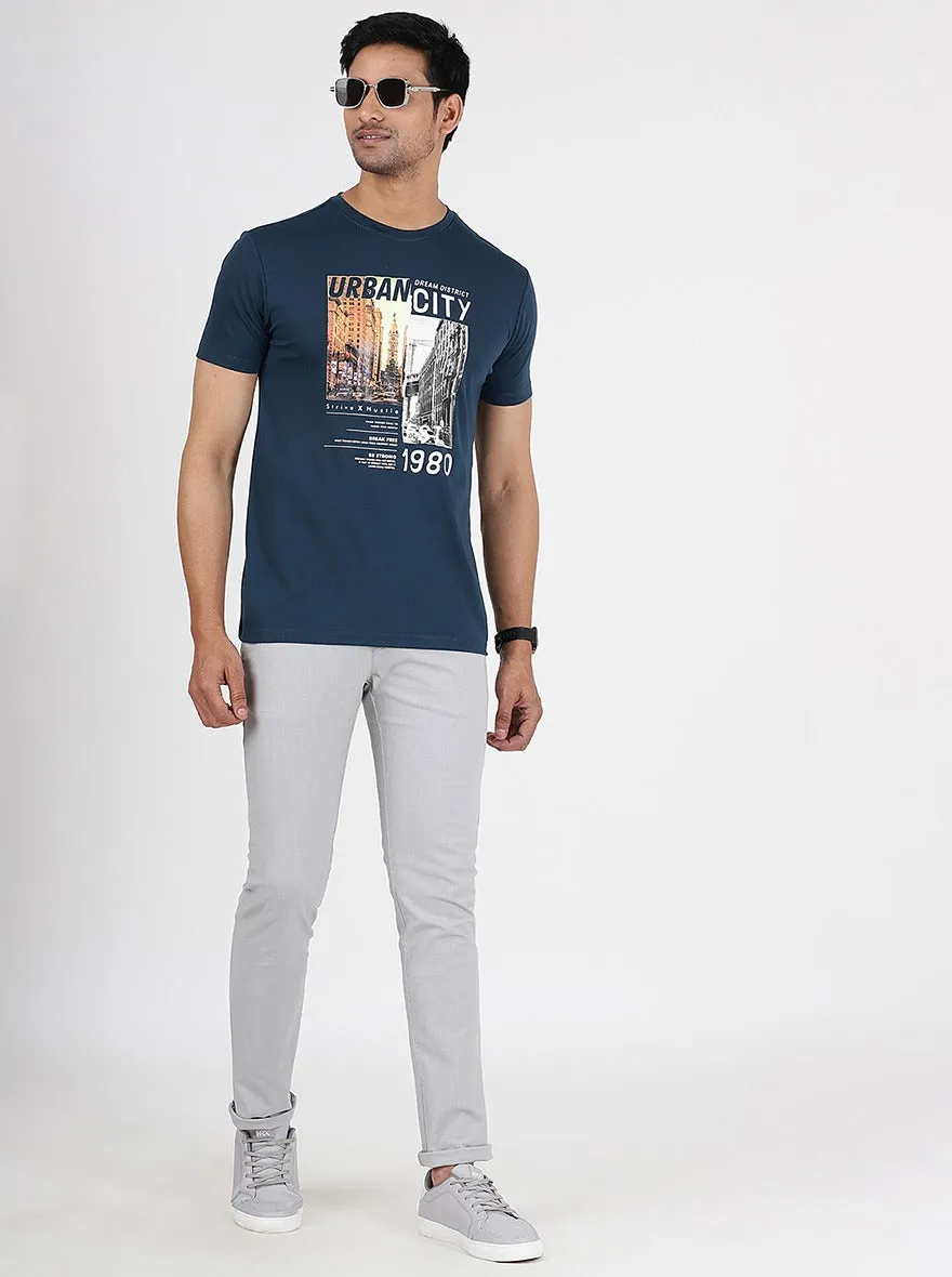 Navy Blue Printed Slim Fit T-Shirt | JadeBlue
