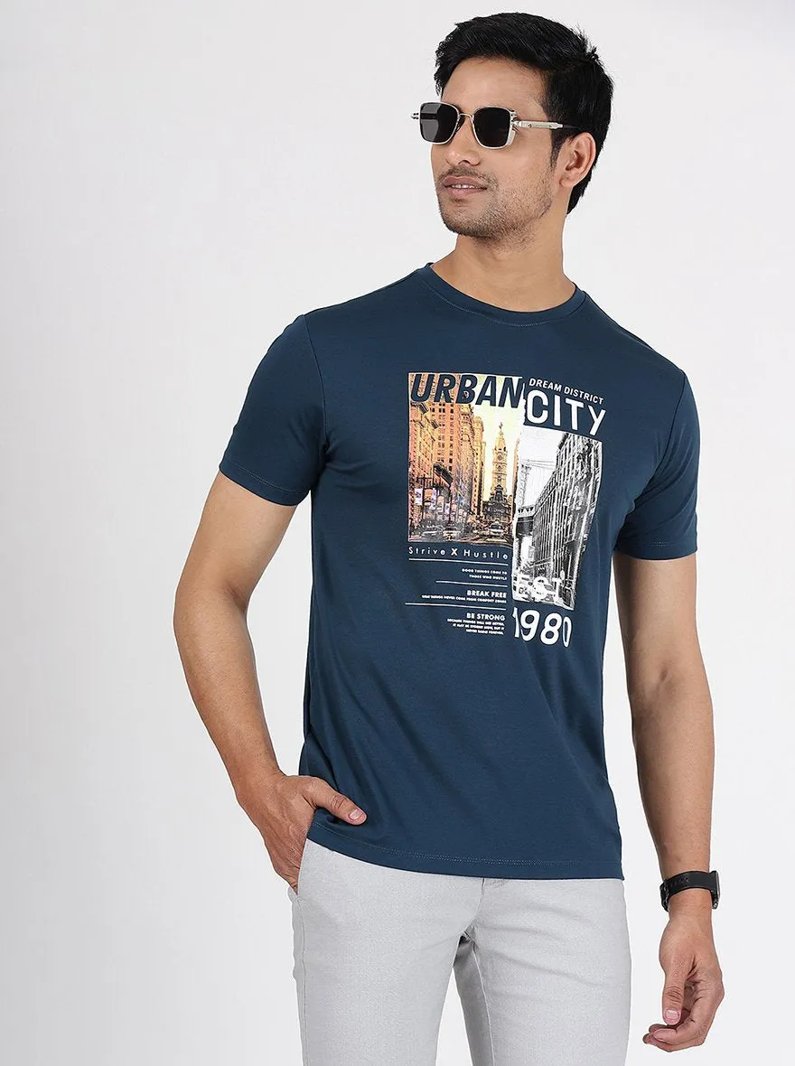 Navy Blue Printed Slim Fit T-Shirt | JadeBlue