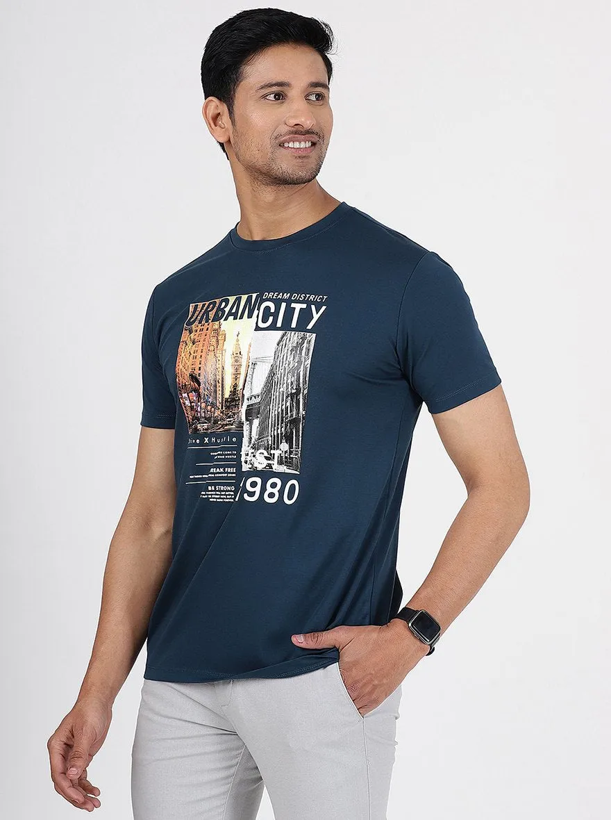 Navy Blue Printed Slim Fit T-Shirt | JadeBlue