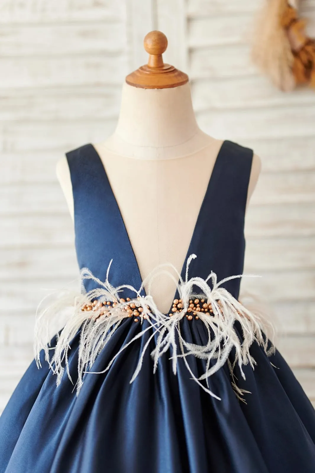 Navy Blue Satin V Neck Wedding Party Flower Girl Dress, Feather