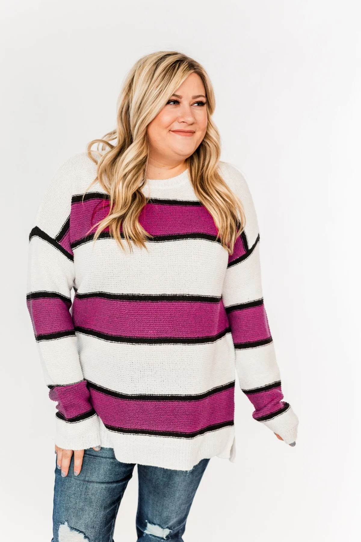 Oh So Soft Striped Knit Sweater- Magenta
