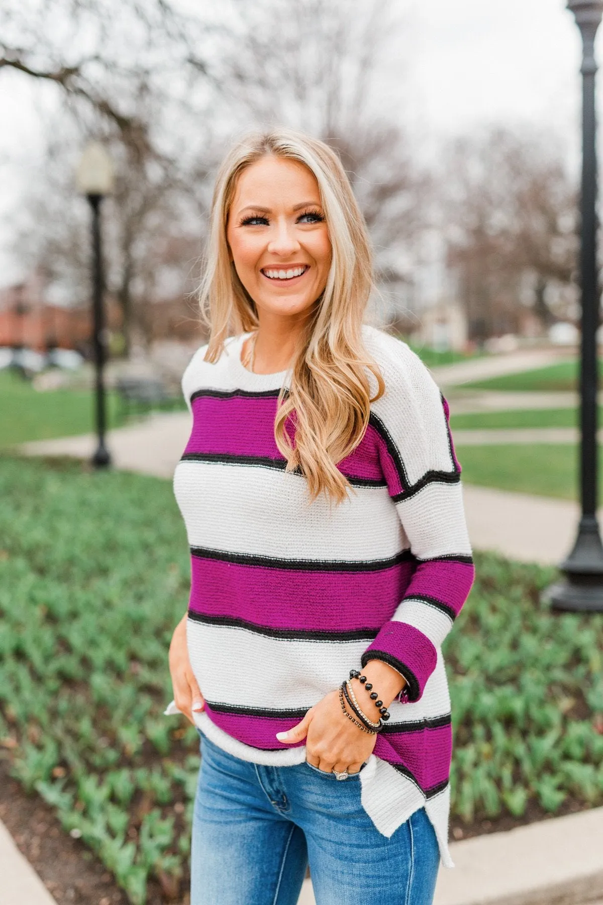 Oh So Soft Striped Knit Sweater- Magenta