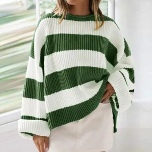 Orange And White Alternating Sweater For Women Crew Neck Trendy Puff Long Sleeve Color Block Oversized Knitted Pullover Sweaters
