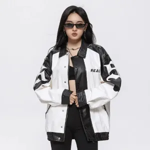 Oversized Color Block Leather Sports Jacket for a Y2K Statement Piece