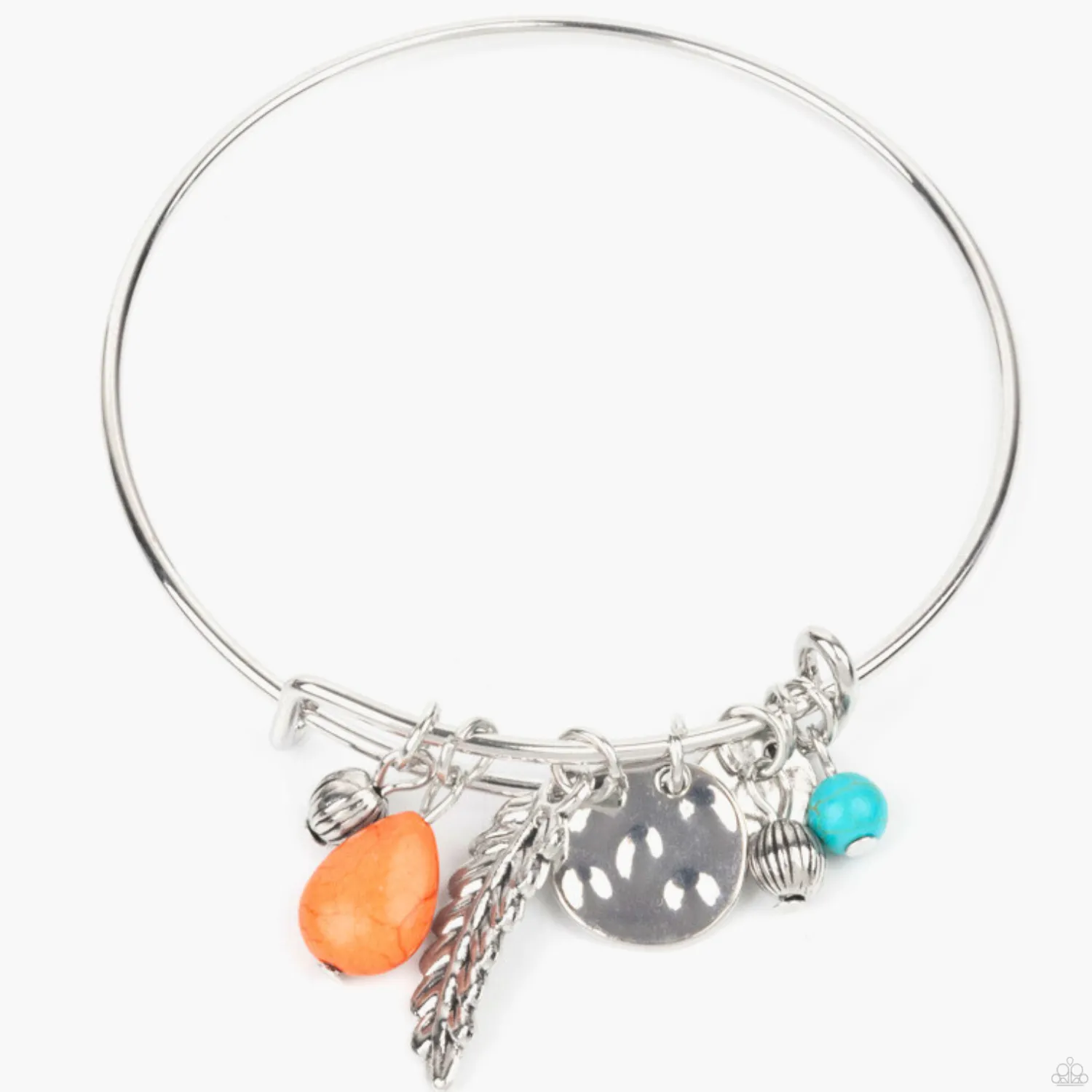 "Root and Ranch" Silver Metal, Multi Orange & Blue Crackle Stones Feather Charm Tension Bracelet