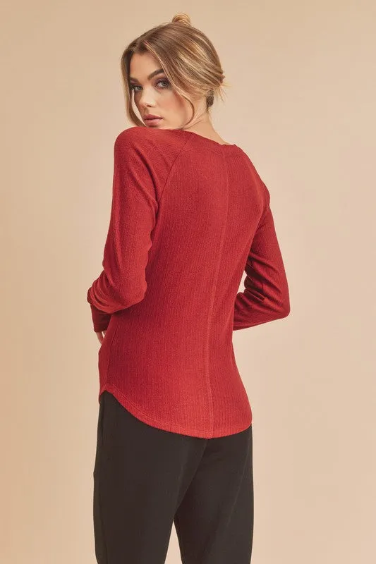 Red Notched Raglan Sleeve Curved Hem T-Shirt