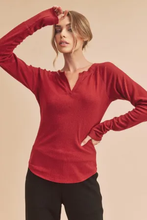 Red Notched Raglan Sleeve Curved Hem T-Shirt