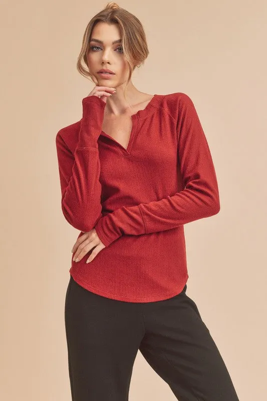 Red Notched Raglan Sleeve Curved Hem T-Shirt