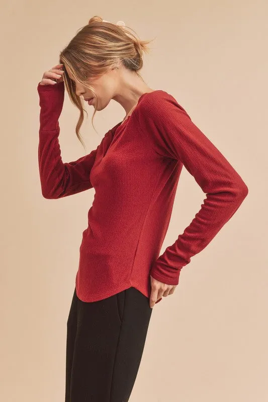 Red Notched Raglan Sleeve Curved Hem T-Shirt