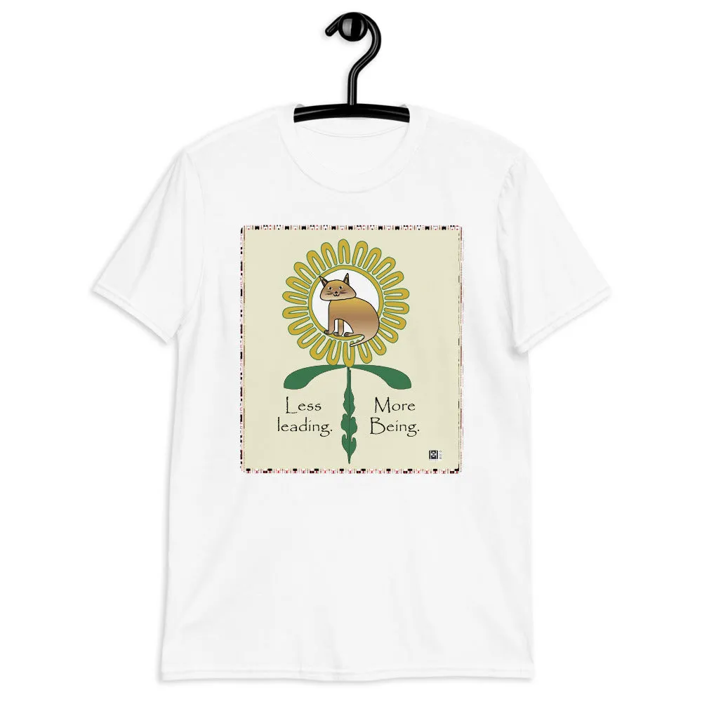 Short sleeve tee with a cat illustration and a message, white.