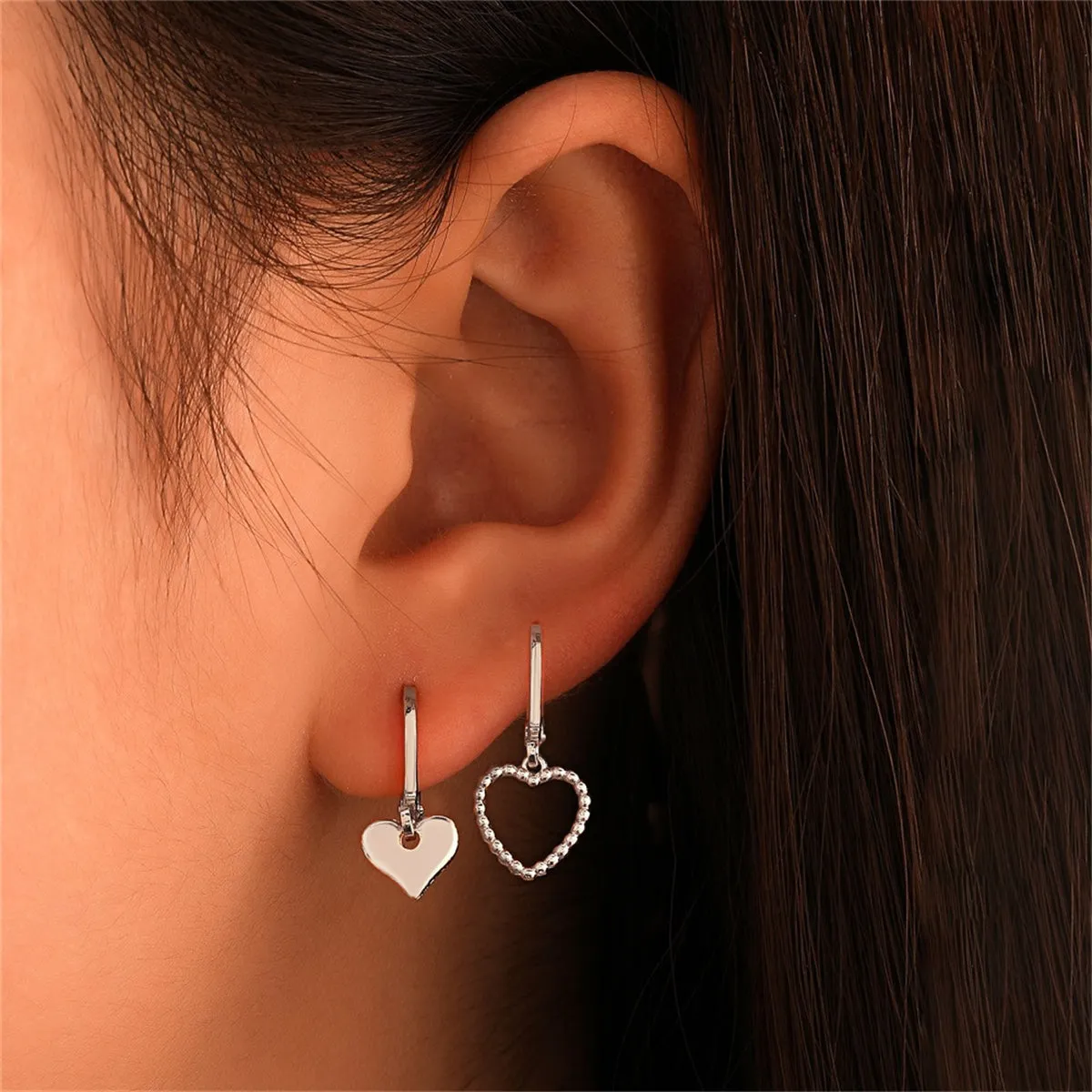 Silver-Plated Heart Mismatching Huggie Earrings