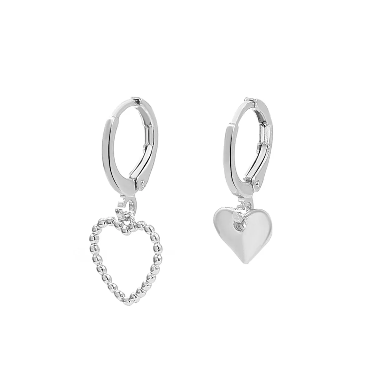 Silver-Plated Heart Mismatching Huggie Earrings