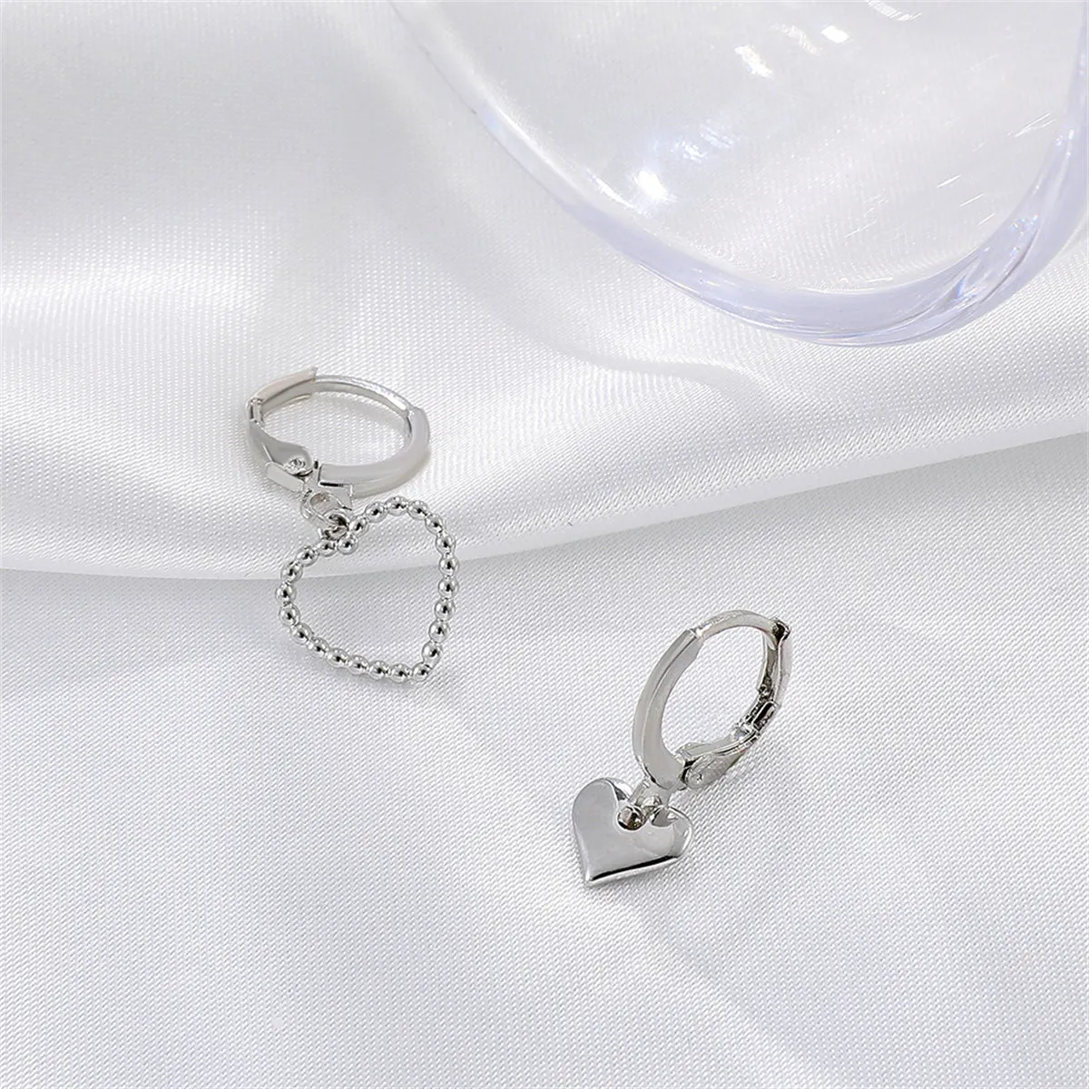 Silver-Plated Heart Mismatching Huggie Earrings