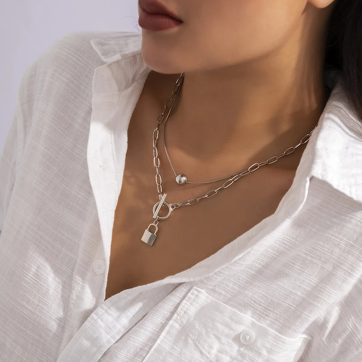 Silver-Plated Lock Pendant Necklace Set