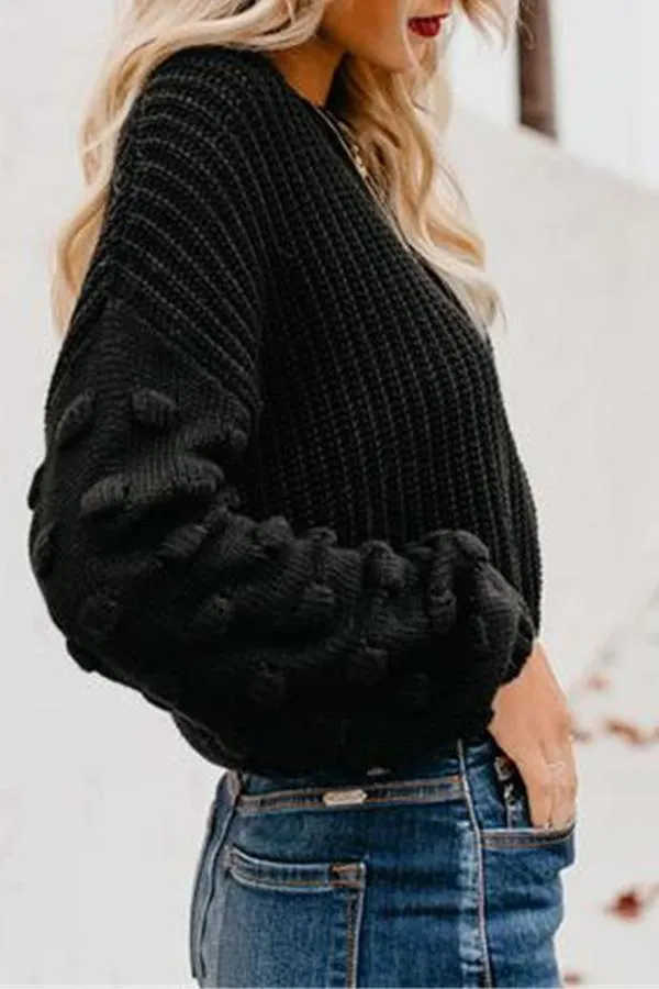 Solid Color Lantern Sleeve Round Neck Sweater