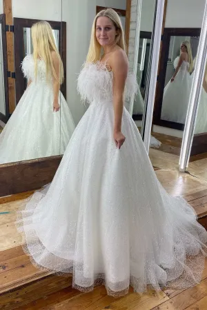 Sparkly Tulle A-Line Feather Strapless Long Party Prom Dress