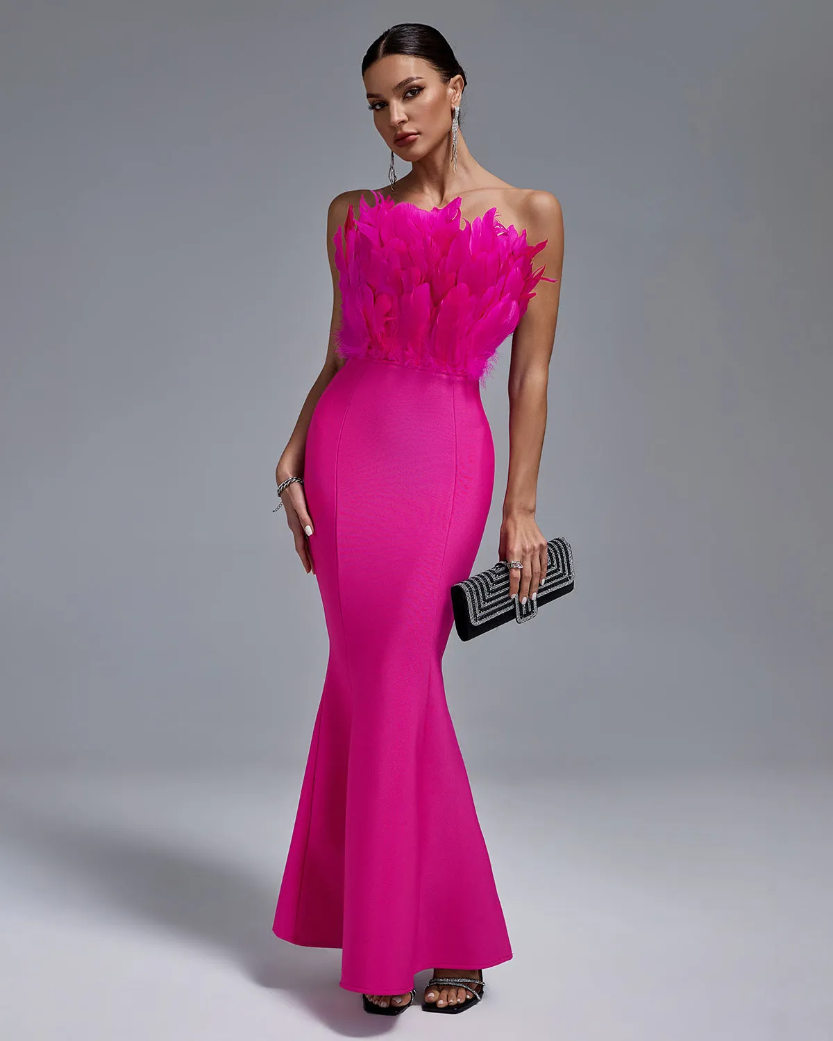 Strapless Feather Maxi Bandage Dress