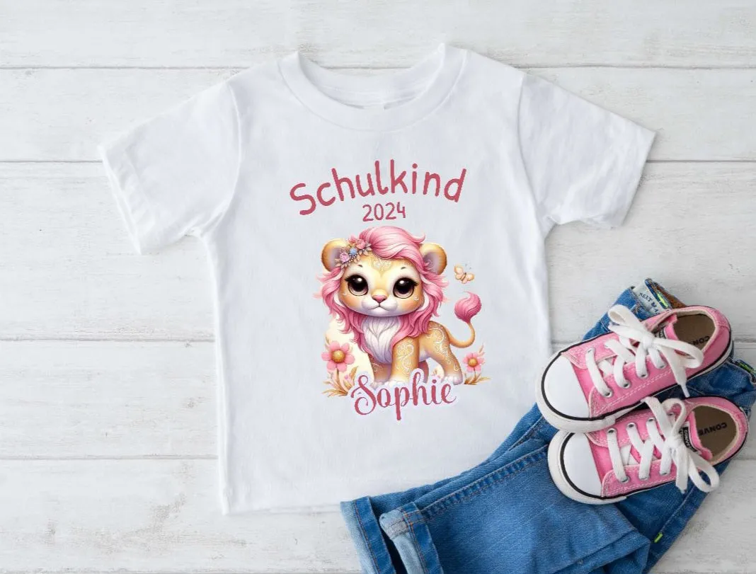 T-Shirt Schulkind Löwe mit Name personalisiert Mädchen Einschulungsshirt Einschulung erste Klasse Geschenk