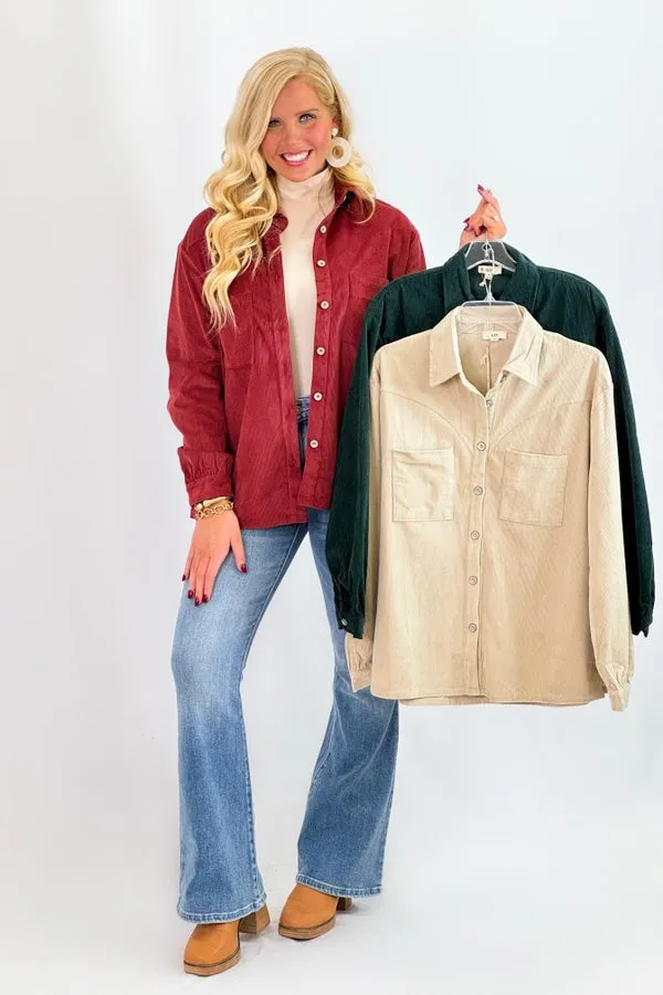 Taupe Corduroy Long Sleeve Pocket Top *Final Sale*