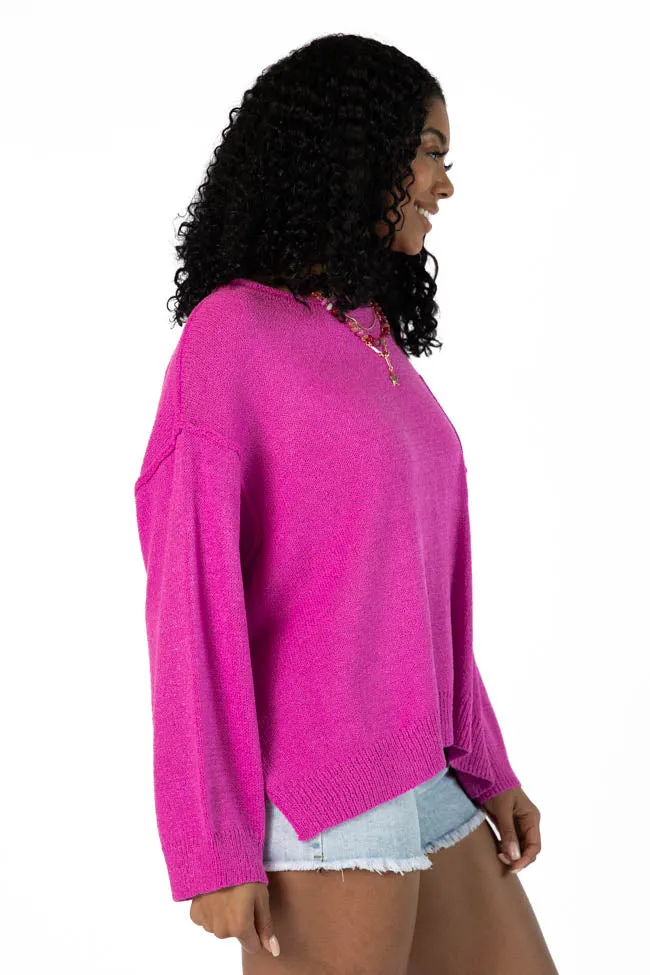 Tell Me Everything Magenta Oversized Pocketed Light Weight Sweater SALE
