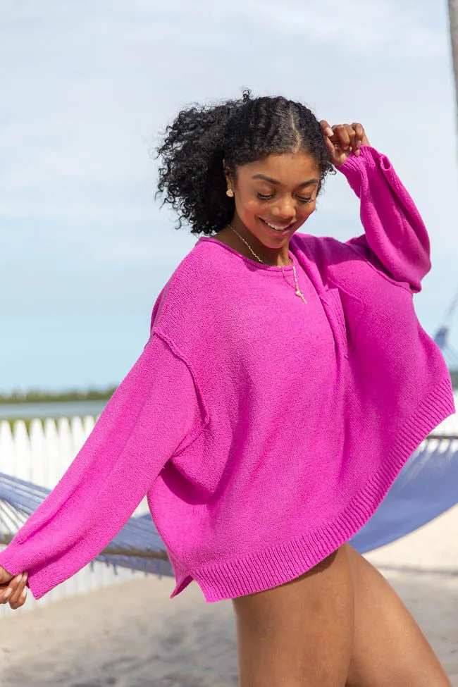 Tell Me Everything Magenta Oversized Pocketed Light Weight Sweater SALE