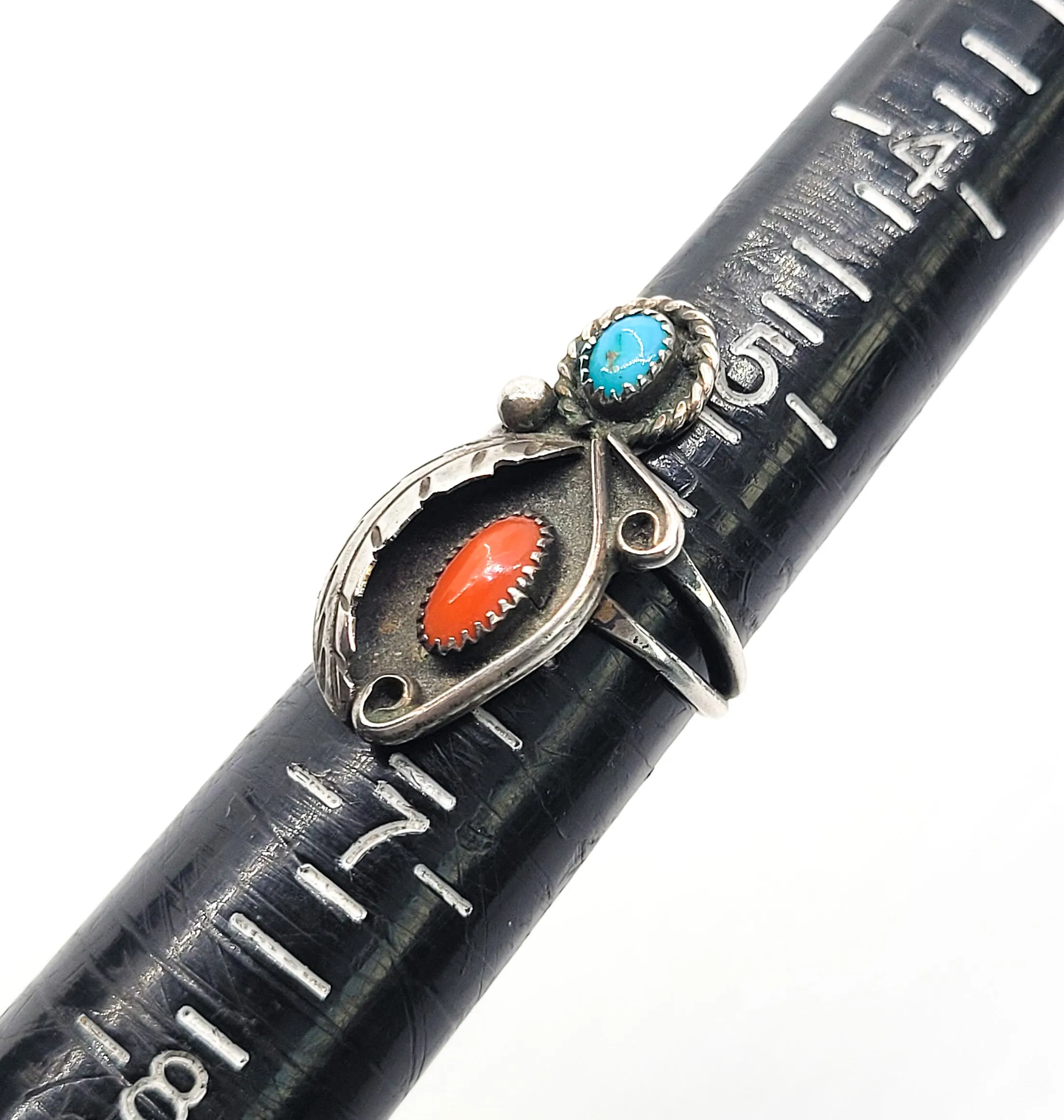 Turquoise and Red coral Navajo Native American sterling silver ring size 6