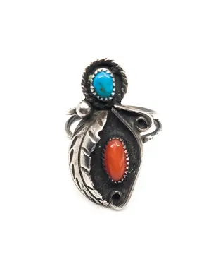 Turquoise and Red coral Navajo Native American sterling silver ring size 6