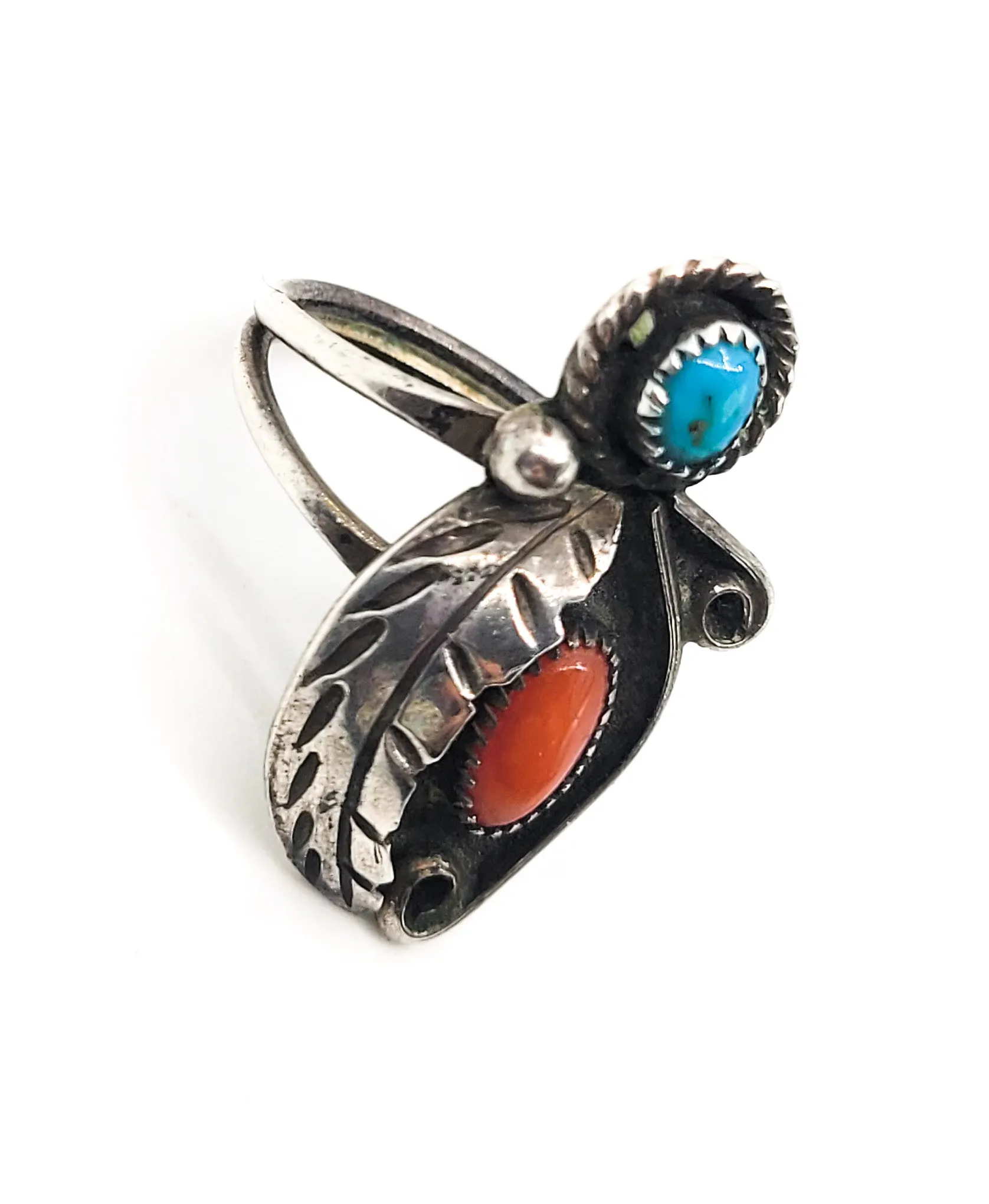 Turquoise and Red coral Navajo Native American sterling silver ring size 6