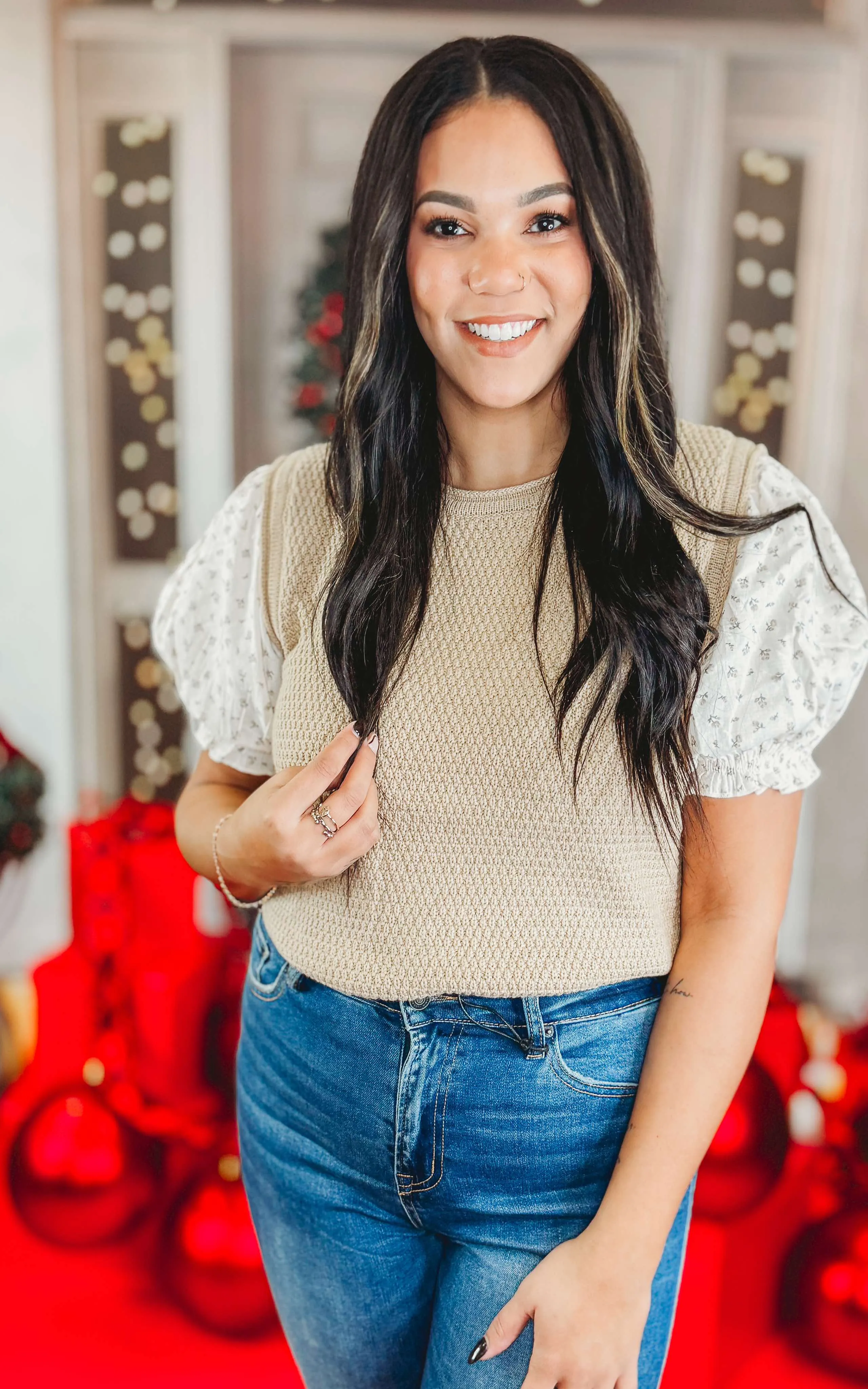 Twofer Floral Sleeve Sweater Blouse - Final Sale