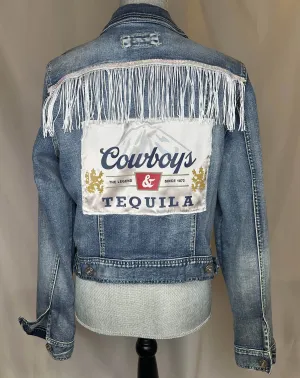 White Fringe "Cowboys & Tequila"  Womens Denim Jacket