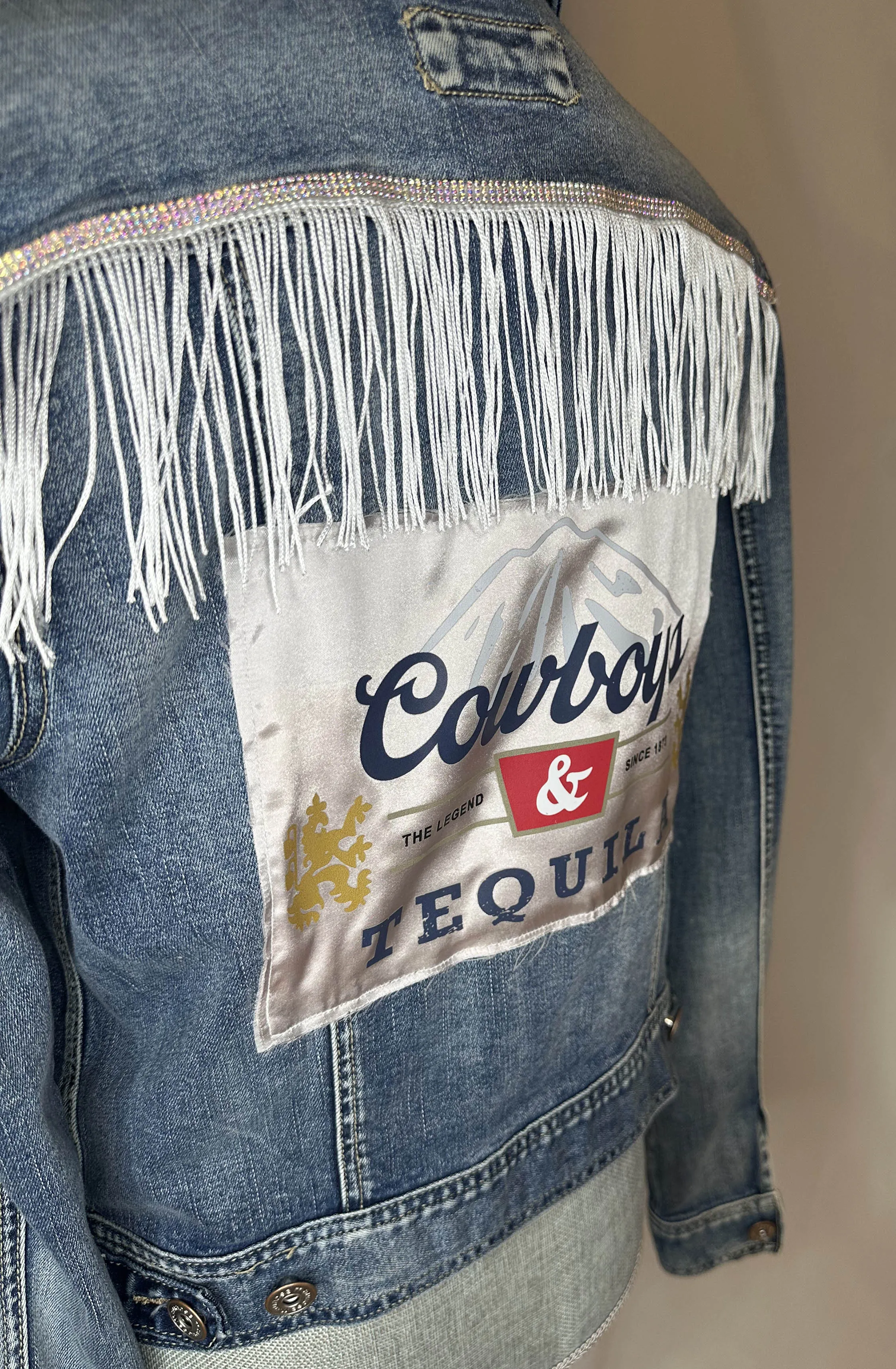 White Fringe "Cowboys & Tequila"  Womens Denim Jacket